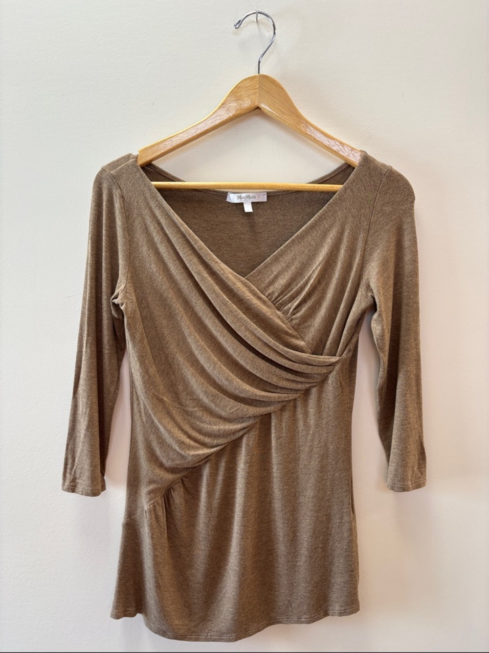 MaxMara Taupe Brown Draped V-Neck Long Sleeve Tunic